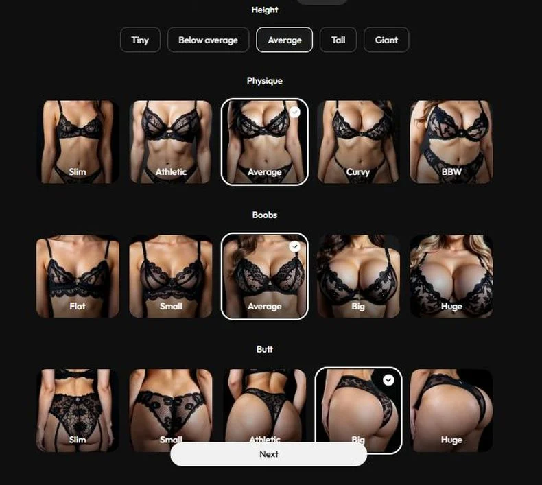 JOI AI character body customizer with height, physique, and body type options