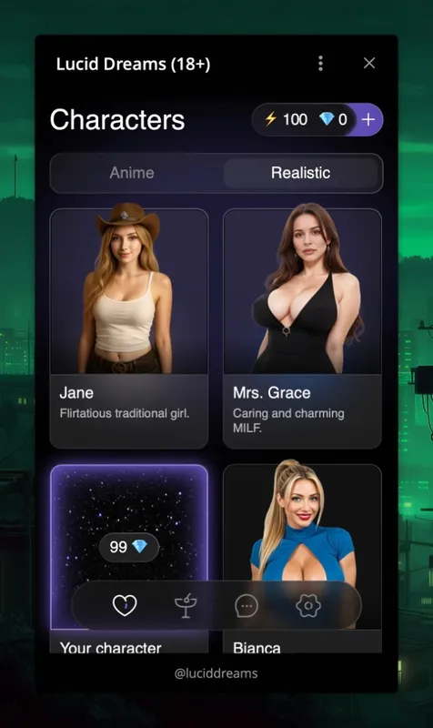Lucid Dreams character catalog in the Mini App — realistic and anime tabs